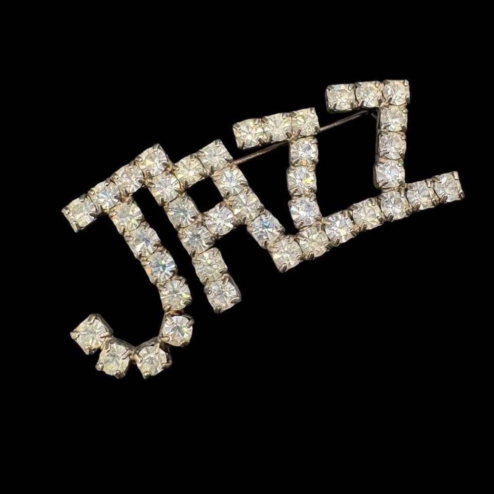 Vintage Jazz Brooch Pin Rhinestones Sparkly Diamanté MCM Deco Silver Tone